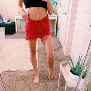 red denim skirt